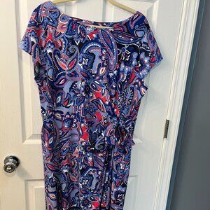 Talbots Size 2X Petite Faux Wrap Jersey Stretch Knit Dress Paisley Short Sleeve